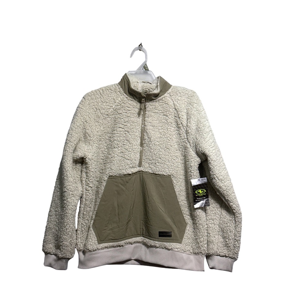 Athletic Works Boys XL 14-16 Sherpa Fleece Quarter Zip Pullover Cream Olive NEW